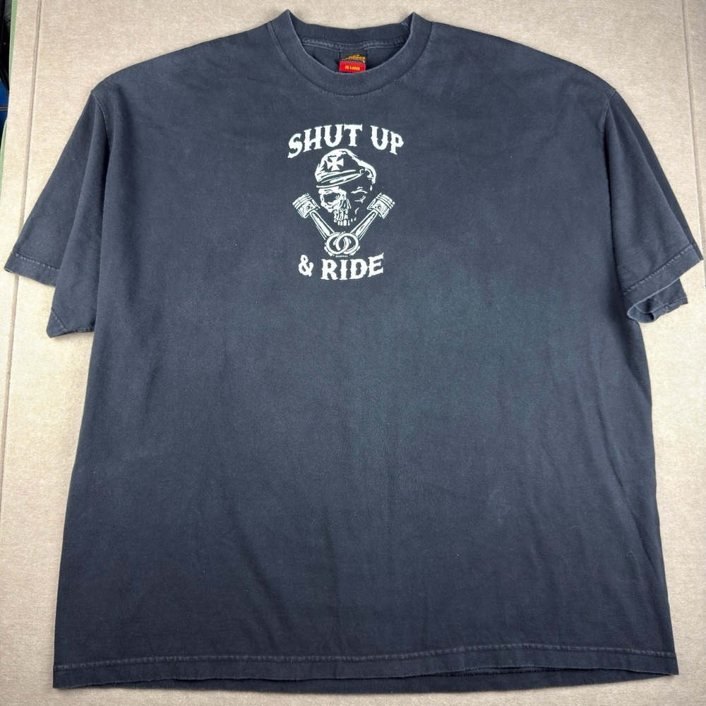 Y2K Hot Leathers T-Shirt Men 3XL Black Skull Piston Shut Up & Ride Biker Graphic
